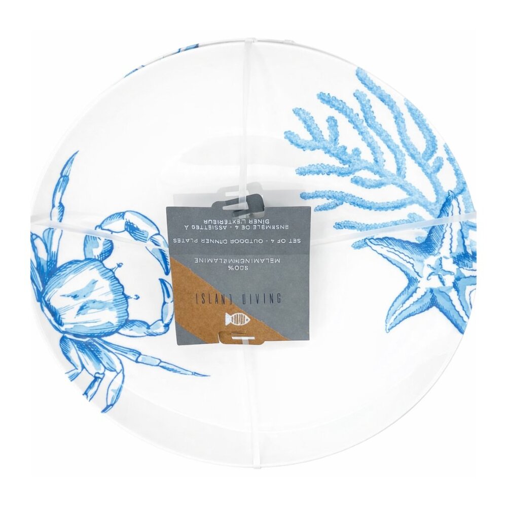Island Living Melamine Dinnerware 4pc Set Blue White Crab Starfish Dinner Plates